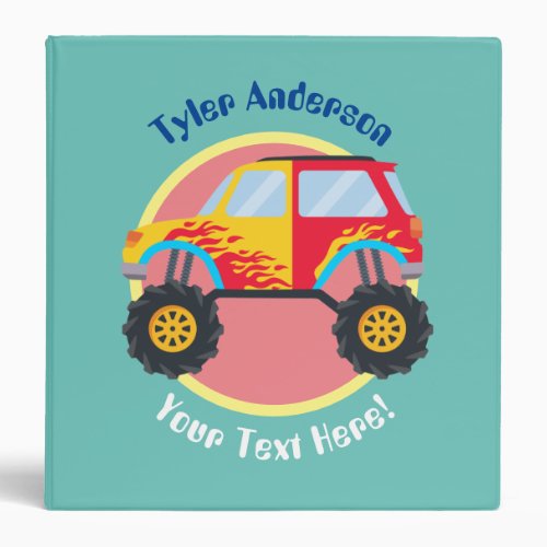 Red  Yellow Monster Truck DIY Name  Extra Text 3 Ring Binder