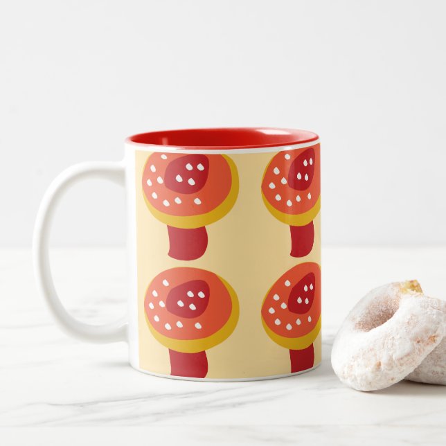 Red Yellow Mushroom Toadstool  Two-Tone Coffee Mug (With Donut)