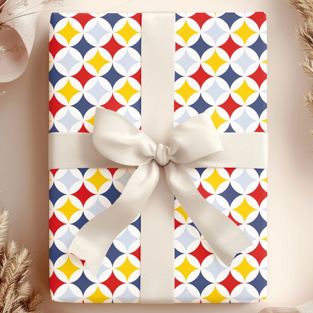 Red Yellow Navy Geometric Diamond Pattern Wrapping Paper (Creator Uploaded)