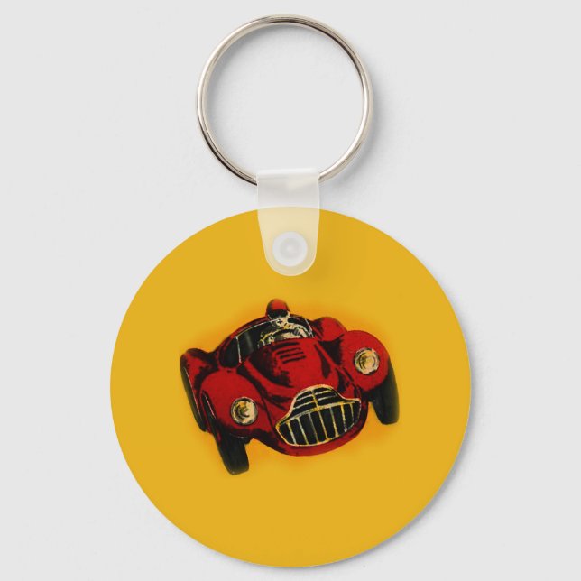 Red Yellow Old Auto Racing Car Keychain (Front)