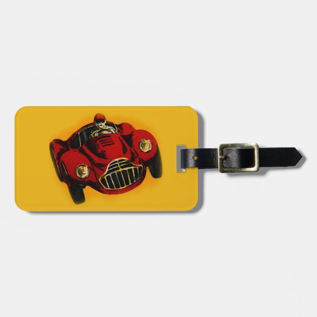 Red Yellow Old Auto Racing Car Luggage Tag (Front Horizontal)