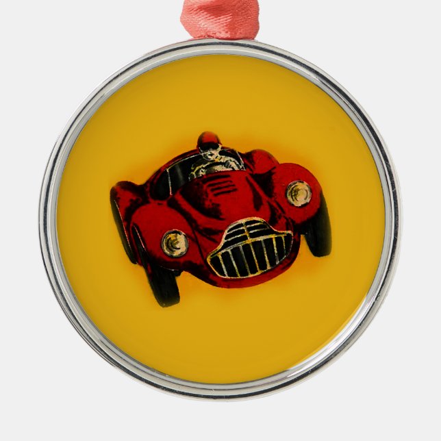 Red Yellow Old Auto Racing Car Metal Ornament (Front)