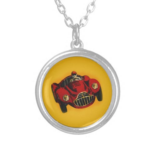 Red Yellow Old Auto Racing Car Silver Plated Necklace