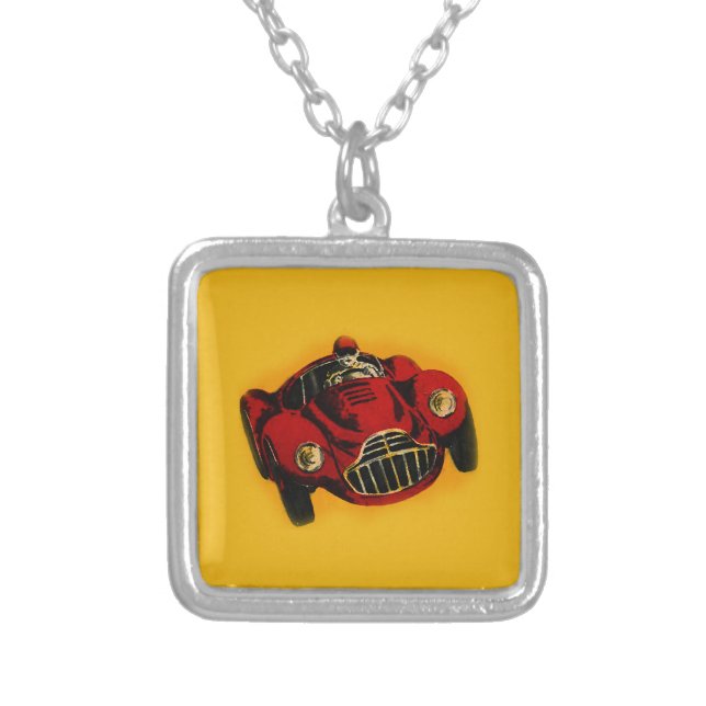 Red Yellow Old Auto Racing Car Silver Plated Necklace (Front)