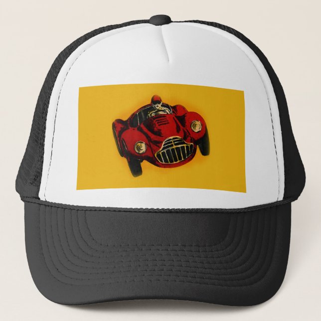 Red Yellow Old Auto Racing Car Trucker Hat (Front)