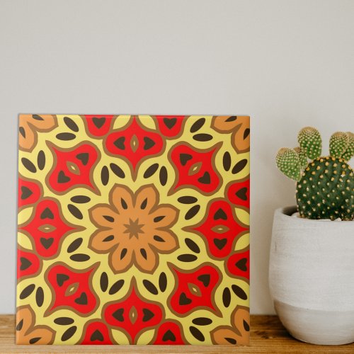 Red Yellow  Orange Boho Mosaic Geometric Pattern Ceramic Tile
