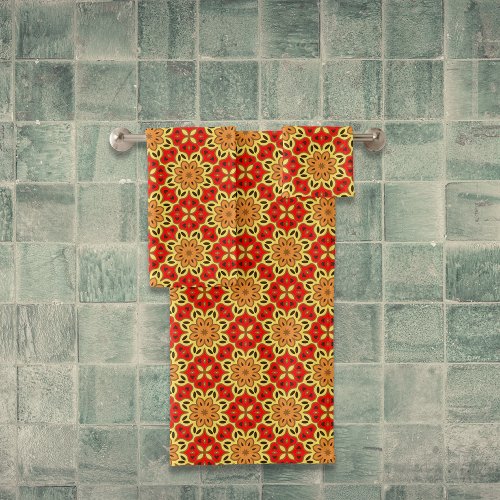 Red Yellow  Orange Mosaic Geometric Pattern Bath Towel Set