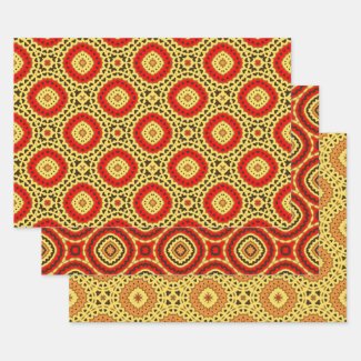 Red Yellow Orange Oriental Geometric Patterns Wrapping Paper Sheets