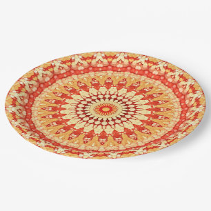 Red Yellow Orange Summer Sun Mandala Pattern Paper Plates