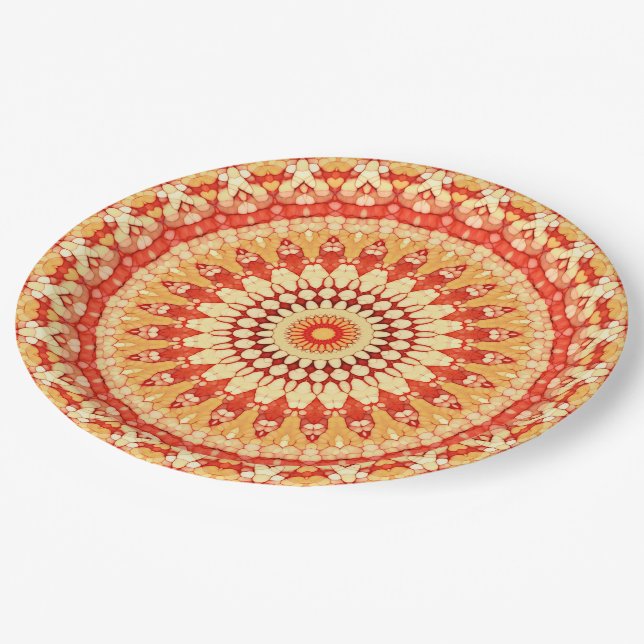 Red Yellow Orange Summer Sun Mandala Pattern Paper Plates (Angled)