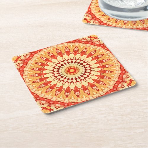 Red Yellow Orange Summer Sun Mandala Pattern Square Paper Coaster