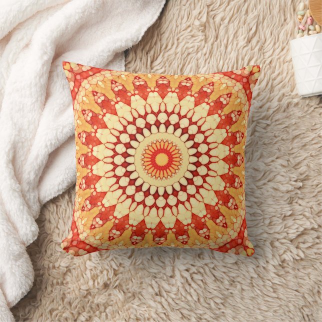 Red Yellow Orange Summer Sun Mandala Pattern Throw Pillow (Blanket)