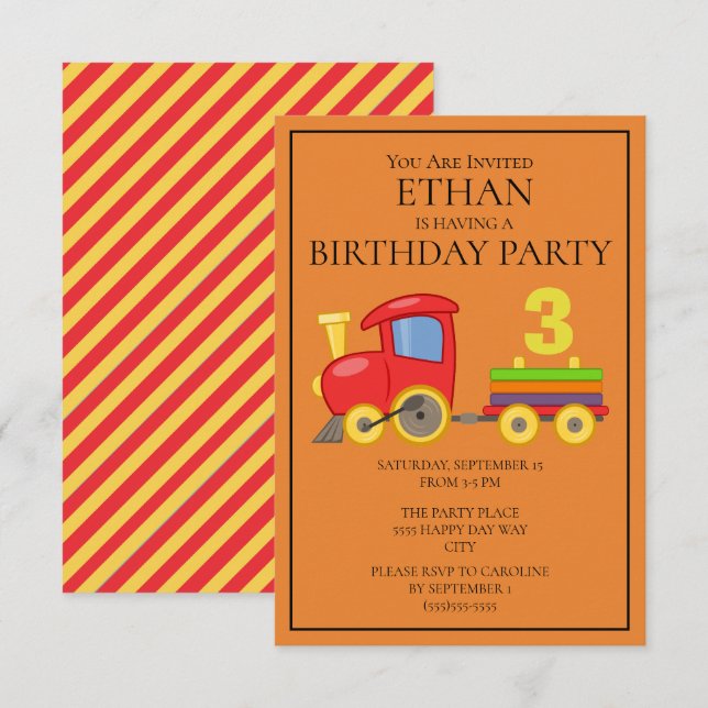 Red Yellow Orange Train Child's Birthday Party Invitation (Front/Back)