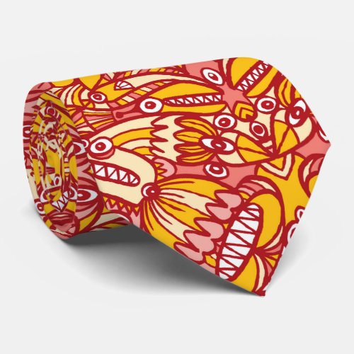 Red yellow pattern full of odd fantastic creatures neck tie
