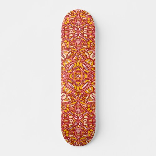 Red yellow pattern full of odd fantastic creatures skateboard