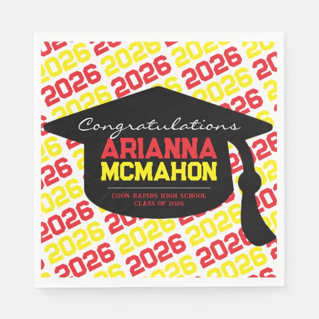 Red & Yellow Personalized Graduation Cap Paper Napkins (Front)