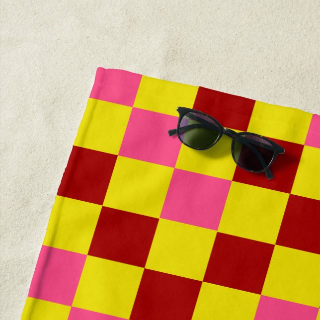 Red Yellow Pink Checkered Pattern Design  Beach Towel (In Situ)