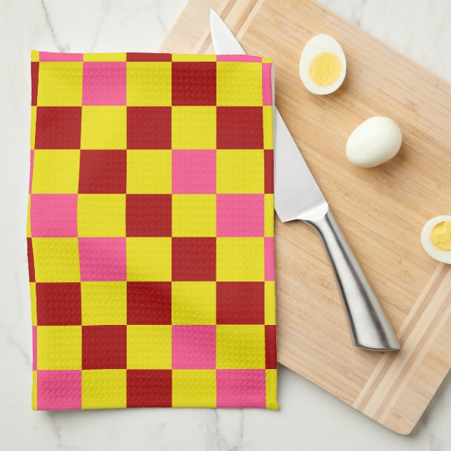 Red Yellow Pink Checkered Pattern Design  Kitchen Towel (Quarter Fold)
