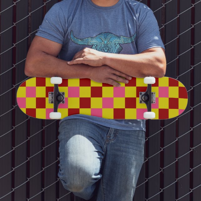 Red Yellow Pink Checkered Pattern Design  Skateboard (Outdoor 3)