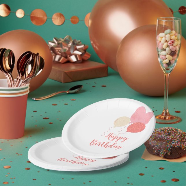 Red Yellow Pink Cute Balloons Happy Birthday  Paper Plates (Multi)