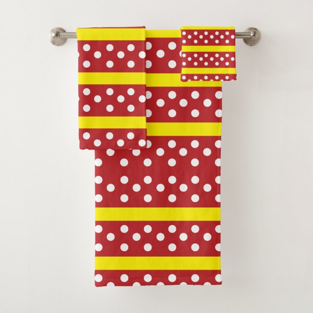 Red Yellow Polka Dot Stripes Pattern  Bath Towel Set (Insitu)