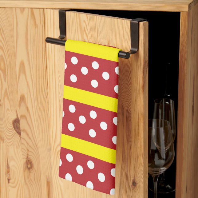 Red Yellow Polka Dot Stripes Pattern  Kitchen Towel (Thirds Fold)
