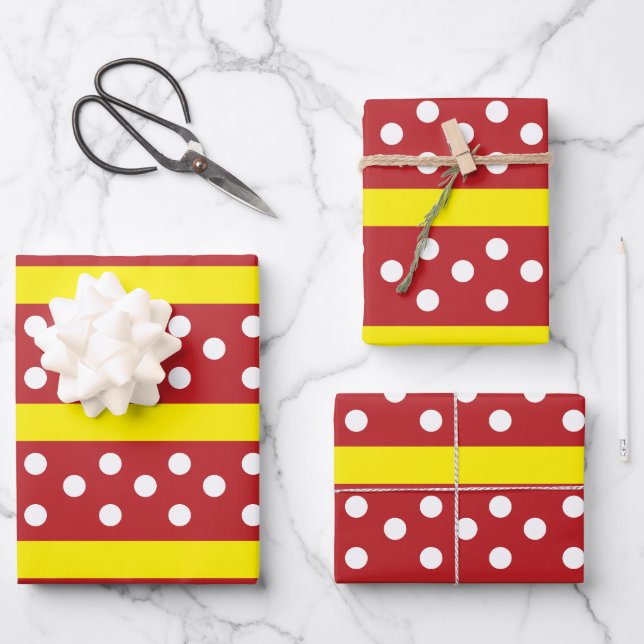 Red Yellow Polka Dot Stripes Pattern    Wrapping Paper Sheets (Front)