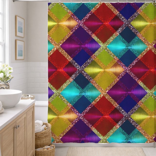 Red Yellow Purple Glitter Plaid Design Shower Curtain (Creator Uploaded)