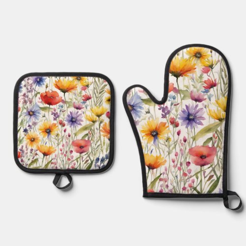 Red Yellow Purple Wildflowers  Oven Mitt  Pot Holder Set