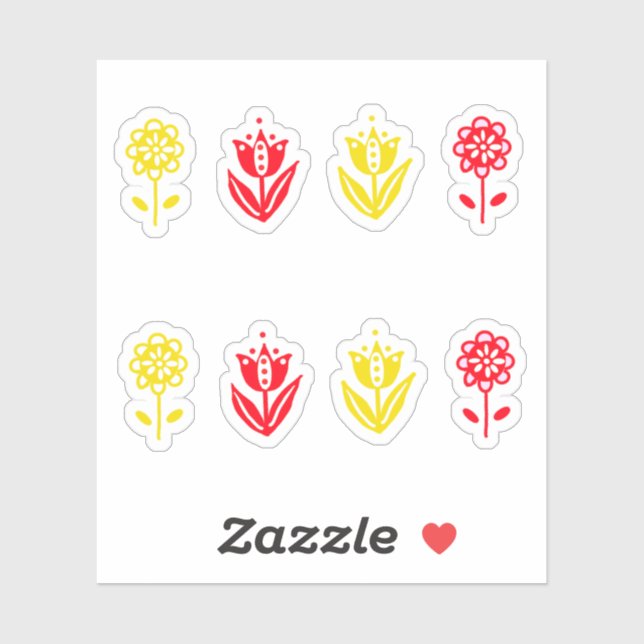 Red Yellow Scandi Folk Style Flowers Sticker (Sheet)