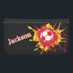 Red yellow soccer / football goal named flap case<br><div class="desc">Bright yellow and red (Spanish) football / soccer ball splatting in the back of the goal / net kids cell phone case. Ideal for football or soccer fans,  personalize with your own name currently reads Jackson. Designed by Sarah Trett.</div>