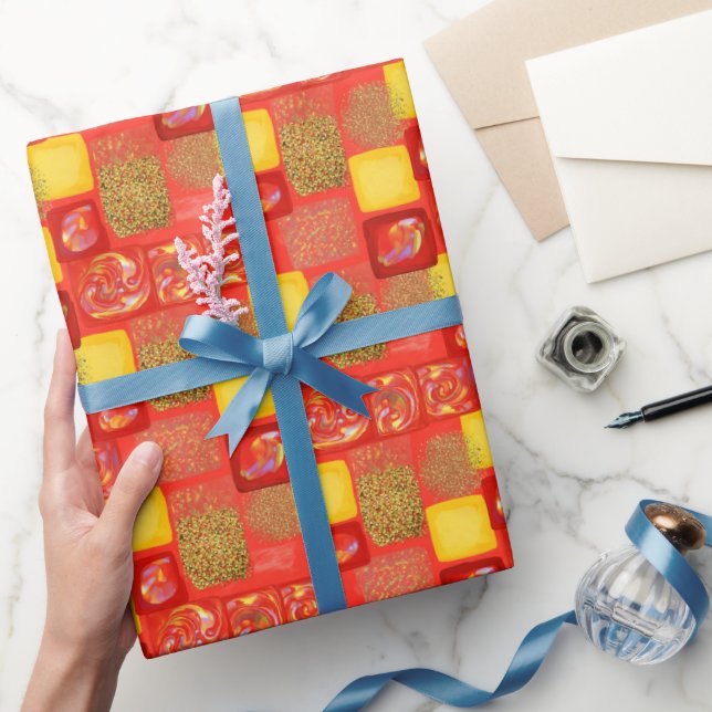 Red & Yellow Square Faus Glitter Opal Wrapping Paper (Gifting)
