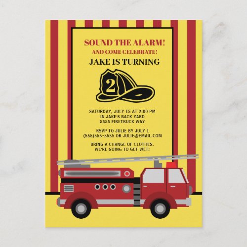 Red Yellow Striped Firetruck Childs 2nd Birthday Postcard