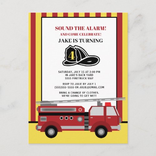 Red Yellow Striped Firetruck Childs 4th Birthday Postcard