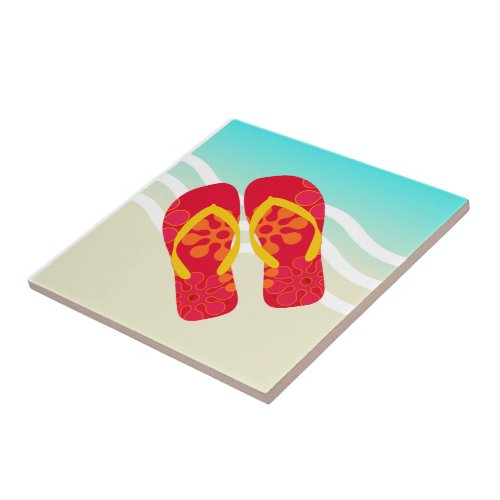 Red Yellow Summer Beach Flip Flops Ceramic Tile