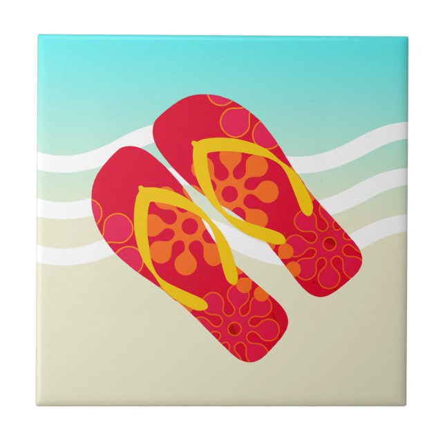Red Yellow Summer Beach Flip Flops Tile (Front)