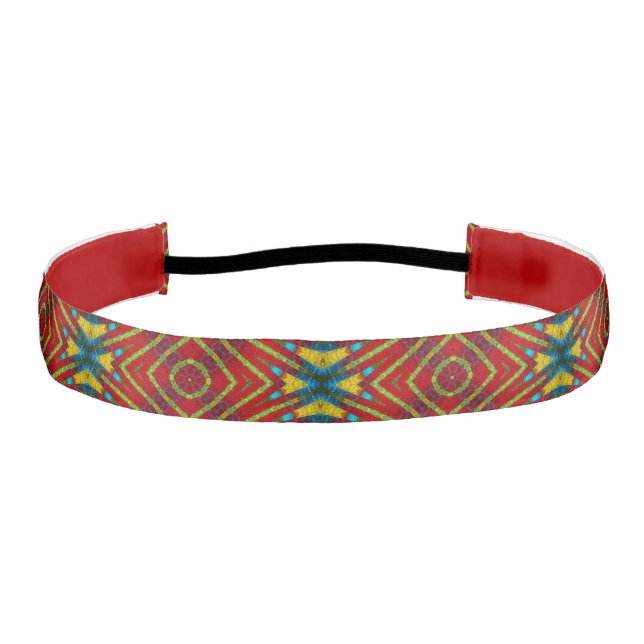  Red Yellow & Teal Abstract Print Ethnic Geometric Athletic Headband (Front)