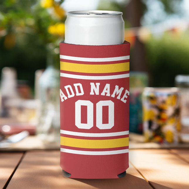 Red Yellow Team Jersey - Custom Name Number Seltzer Can Cooler (Football Birthday Party Personalized can coolers - add your name)