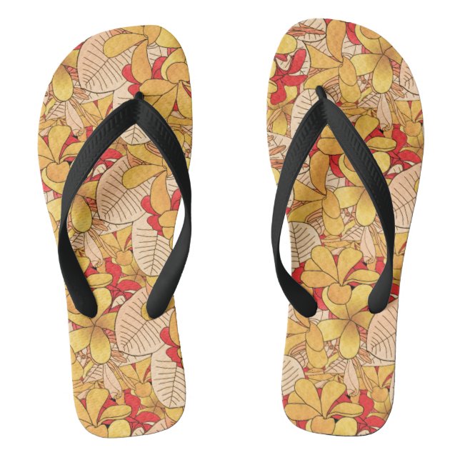 Red & Yellow Tropical Floral Pattern Vacation Flip Flops (Footbed)