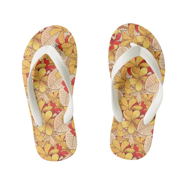 Red & Yellow Tropical Floral Pattern Vacation Kid's Flip Flops (Footbed)