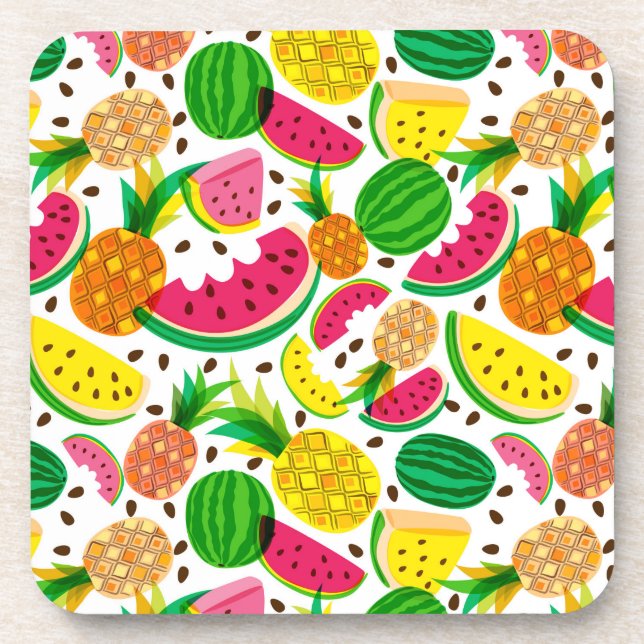 Red & Yellow Tropical Fruit Pattern Drink Coaster (Front)