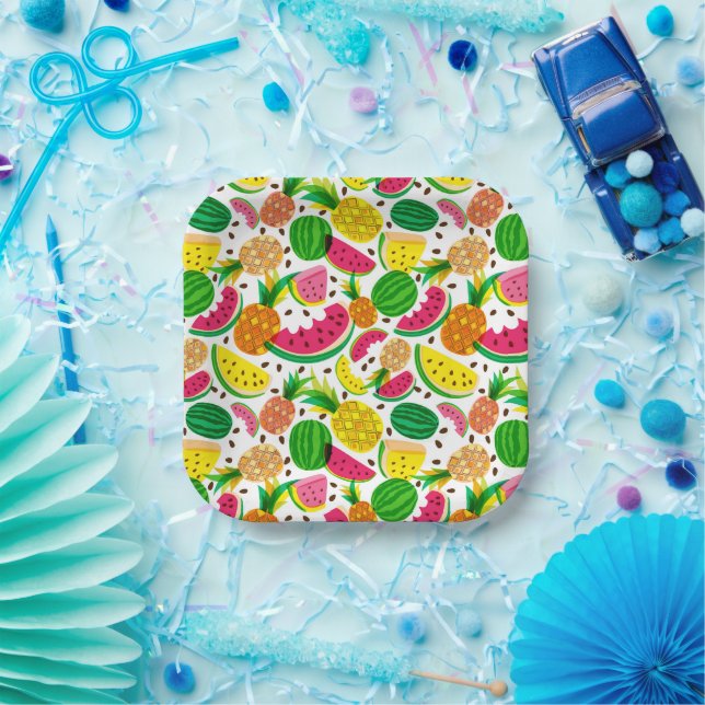 Red & Yellow Tropical Fruit Pattern Paper Plates (Party)