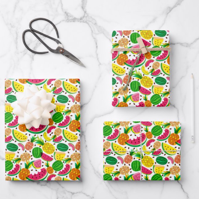 Red & Yellow Tropical Fruit Pattern Wrapping Paper Sheets (Front)