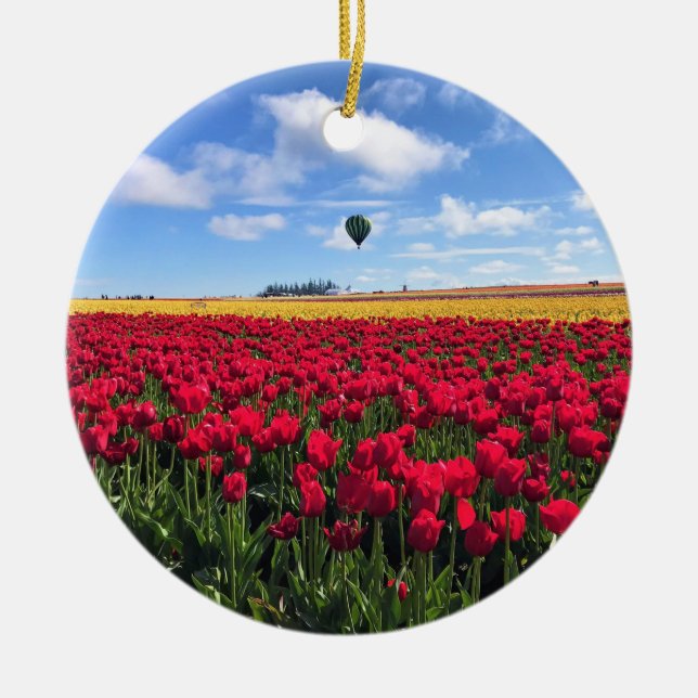 Red & Yellow Tulip Field with Hot Air Balloon Ceramic Ornament (Front)