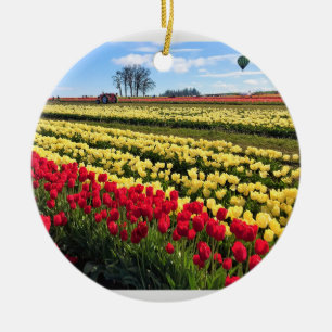 Red & Yellow Tulip Field with Hot Air Balloon Ceramic Ornament