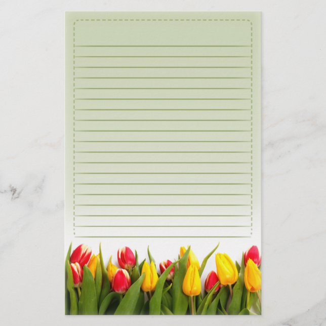 Red Yellow Tulip Flowers Green Background Lined Stationery (Front)