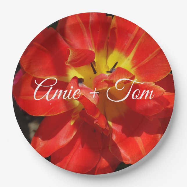 Red Yellow Tulip Wedding Custom Paper Plates (Front)