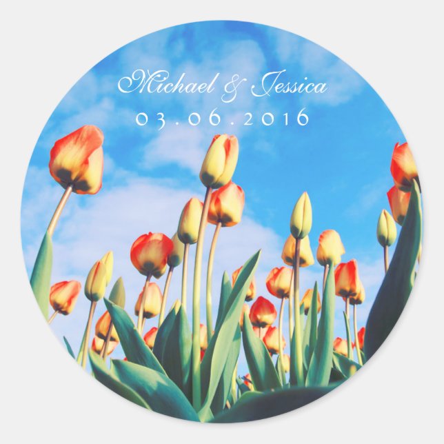 Red Yellow Tulips and Blue Sky Wedding Stickers (Front)