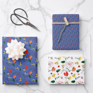 Red yellow wildflowers pattern blue wrapping paper