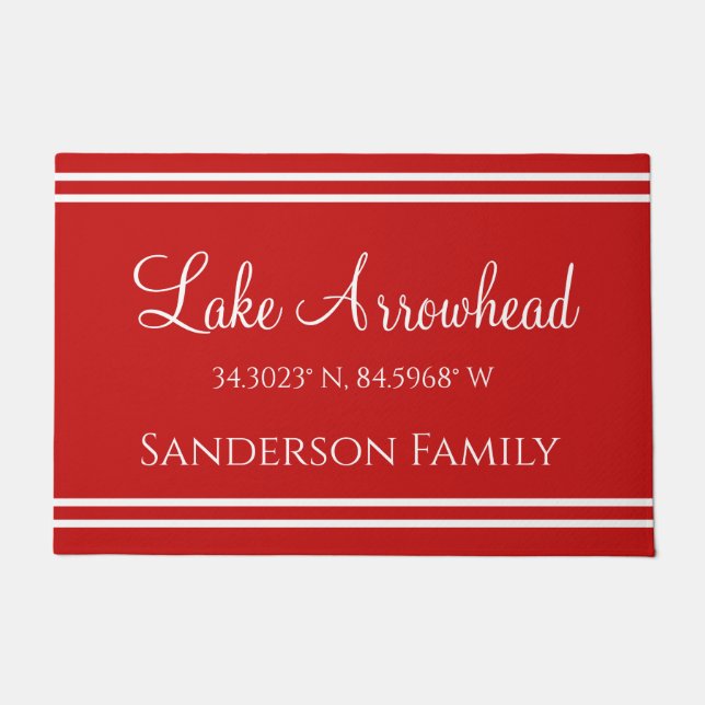 Red Your Lake Family Name  Map Coordinates Doormat (Front)